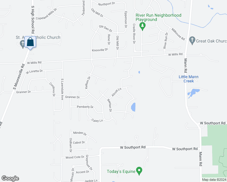 map of restaurants, bars, coffee shops, grocery stores, and more near 5568 Alcott Lane in Indianapolis