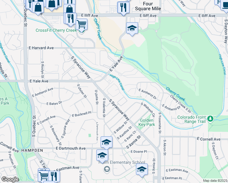 map of restaurants, bars, coffee shops, grocery stores, and more near 27 Arapahoe Club in Denver