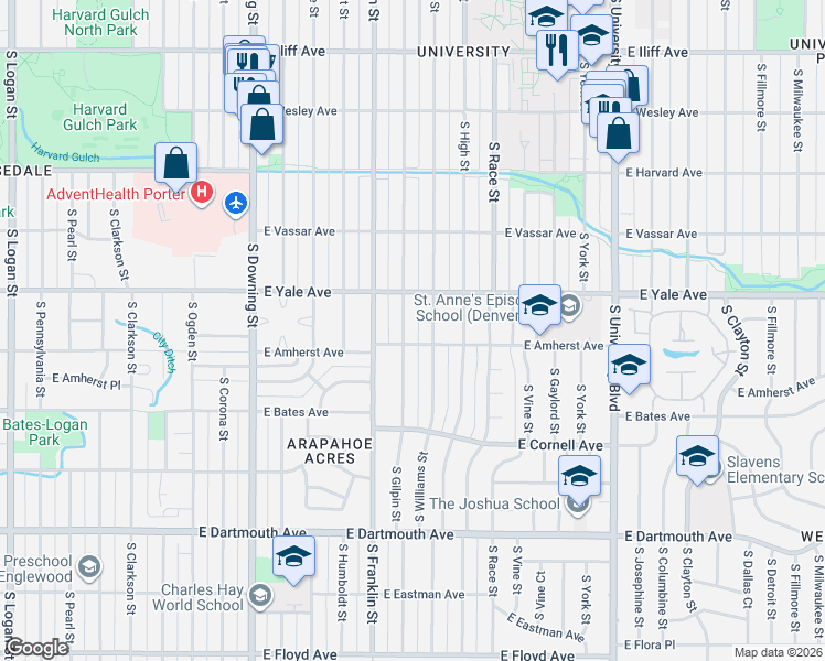 map of restaurants, bars, coffee shops, grocery stores, and more near 2805 South Williams Street in Denver