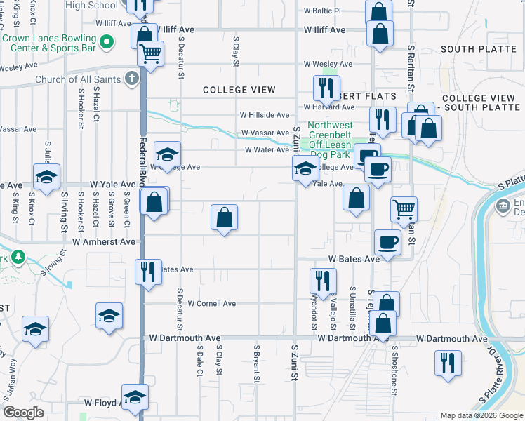 map of restaurants, bars, coffee shops, grocery stores, and more near 2767 South Bryant Street in Denver
