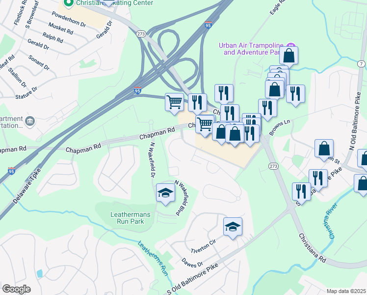 map of restaurants, bars, coffee shops, grocery stores, and more near 318 Wilkinson Drive in Newark