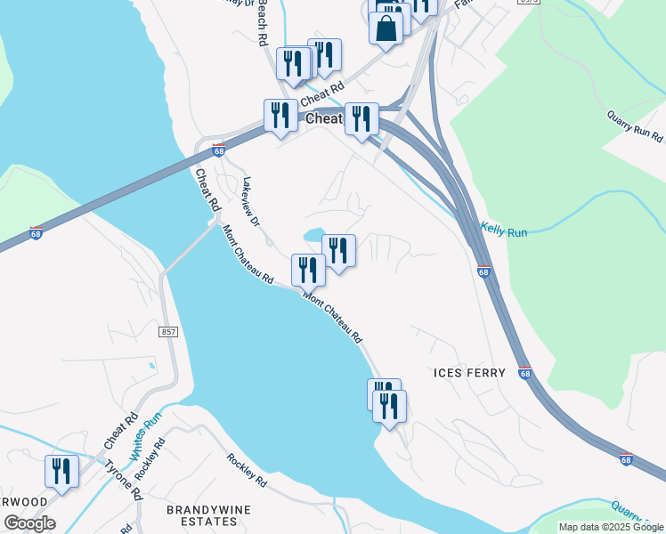 map of restaurants, bars, coffee shops, grocery stores, and more near 1 Lakeview Drive in Morgantown