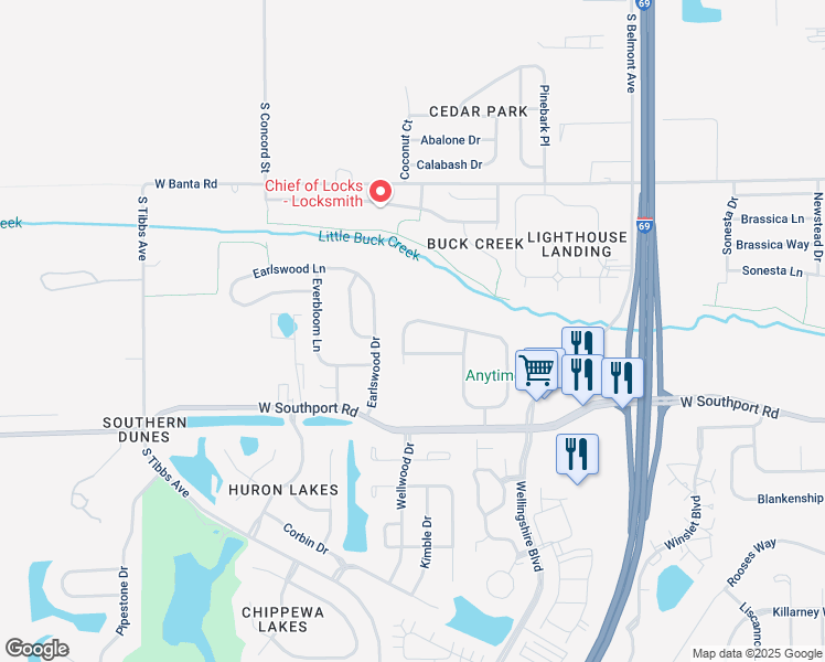 map of restaurants, bars, coffee shops, grocery stores, and more near 2628 Senators Way in Indianapolis