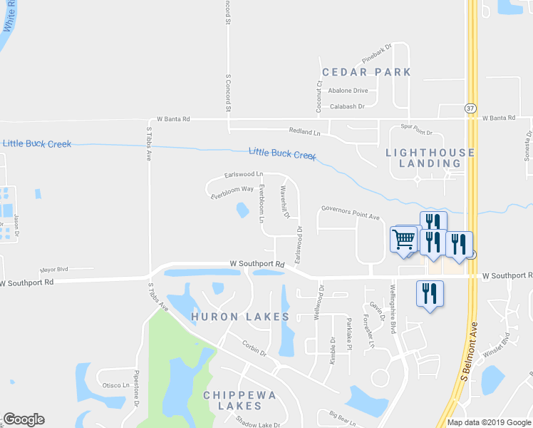 map of restaurants, bars, coffee shops, grocery stores, and more near 6805 Everbloom Lane in Indianapolis