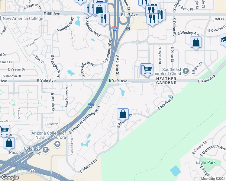 map of restaurants, bars, coffee shops, grocery stores, and more near 2752 South Heather Gardens Way in Aurora