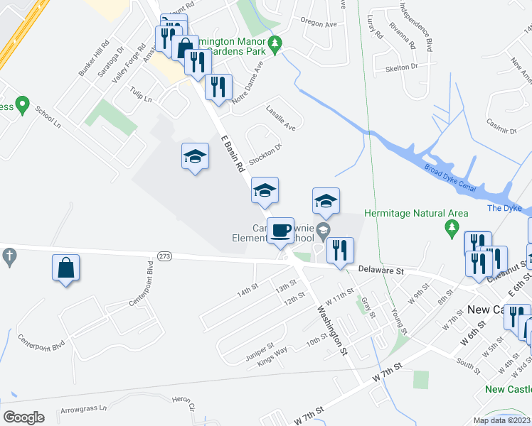 map of restaurants, bars, coffee shops, grocery stores, and more near East Basin Road in New Castle