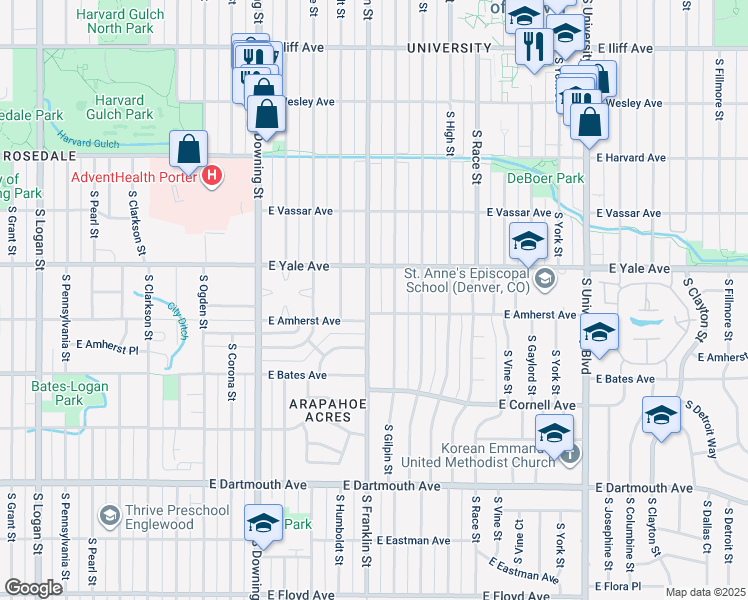 map of restaurants, bars, coffee shops, grocery stores, and more near 2770 South Franklin Street in Denver