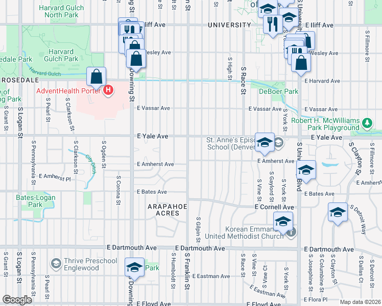 map of restaurants, bars, coffee shops, grocery stores, and more near 2770 South Franklin Street in Denver