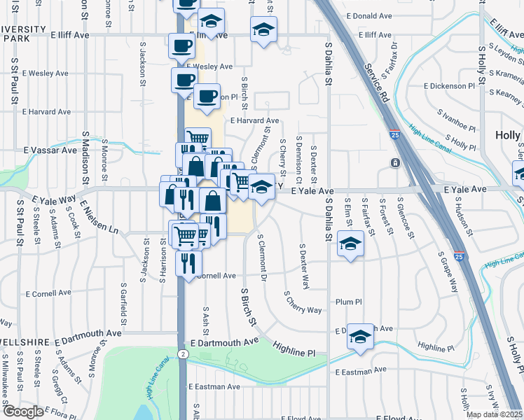 map of restaurants, bars, coffee shops, grocery stores, and more near 2775 South Brook Drive in Denver