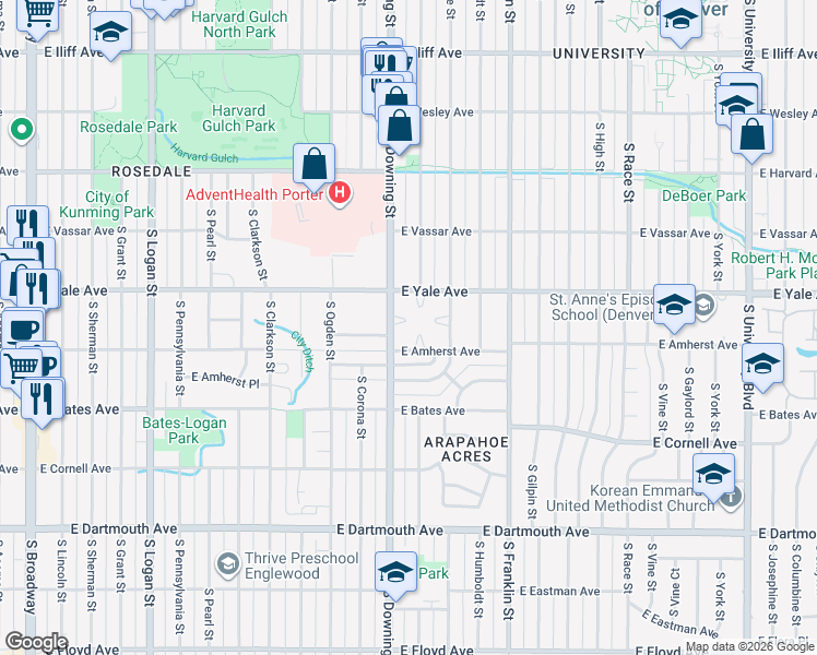 map of restaurants, bars, coffee shops, grocery stores, and more near 2756 South Downing Circle in Denver