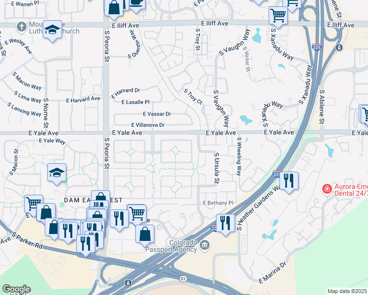 map of restaurants, bars, coffee shops, grocery stores, and more near 12457 East Amherst Circle in Aurora