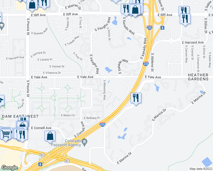 map of restaurants, bars, coffee shops, grocery stores, and more near 2806 South Wheeling Way in Aurora
