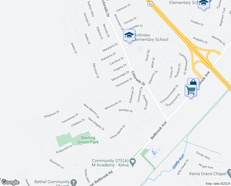 map of restaurants, bars, coffee shops, grocery stores, and more near 1176 Massachusetts Drive in Xenia