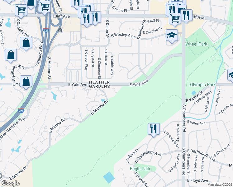 map of restaurants, bars, coffee shops, grocery stores, and more near 14300 E Marina Dr in Aurora