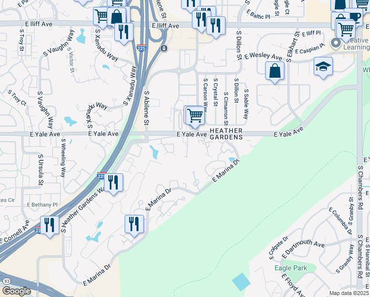map of restaurants, bars, coffee shops, grocery stores, and more near 14050 East Linvale Place in Aurora