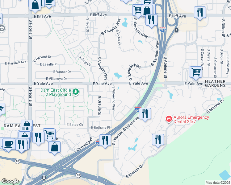 map of restaurants, bars, coffee shops, grocery stores, and more near 2806 South Wheeling Way in Aurora