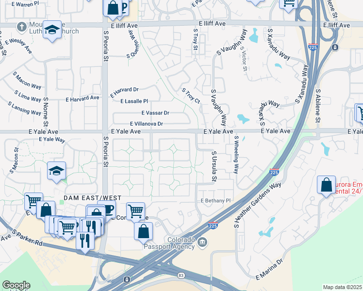 map of restaurants, bars, coffee shops, grocery stores, and more near 12457 East Amherst Circle in Aurora