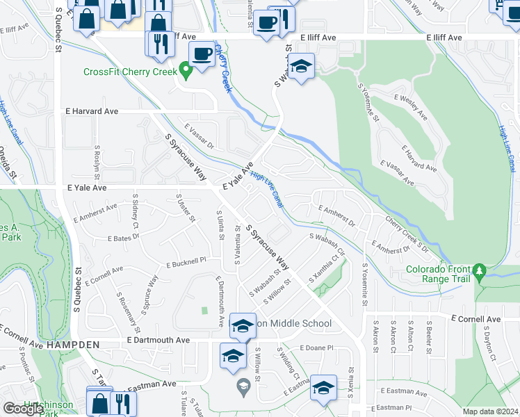 map of restaurants, bars, coffee shops, grocery stores, and more near 27 Arapahoe Club in Denver