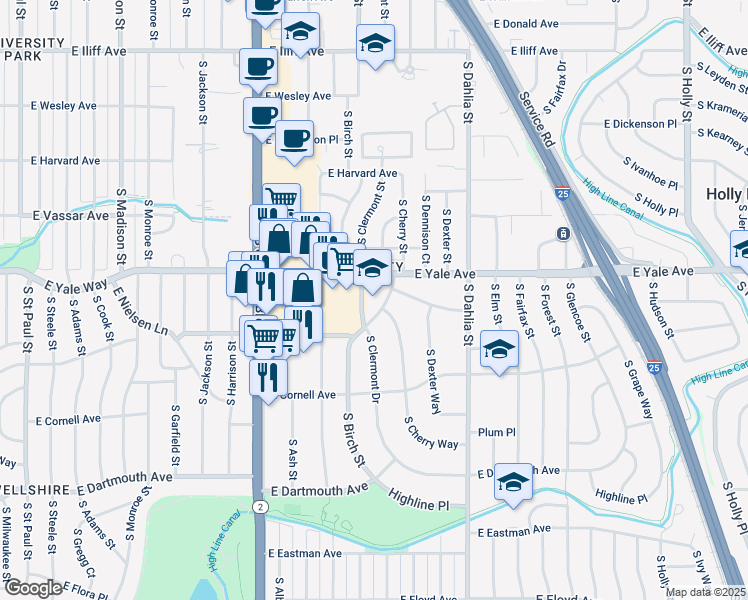map of restaurants, bars, coffee shops, grocery stores, and more near 2801 South Cherry Way in Denver