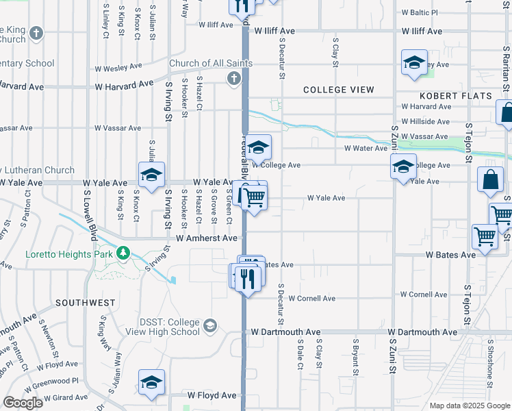 map of restaurants, bars, coffee shops, grocery stores, and more near 2788 South Federal Boulevard in Denver