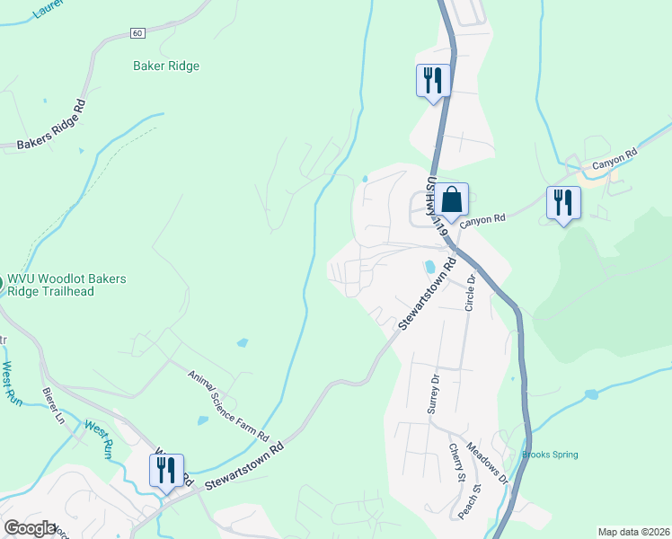 map of restaurants, bars, coffee shops, grocery stores, and more near 20 Hannah Lane in Morgantown