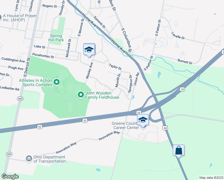 map of restaurants, bars, coffee shops, grocery stores, and more near 695 Wycliffe Drive in Xenia