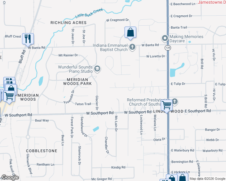 map of restaurants, bars, coffee shops, grocery stores, and more near 320 West Southport Road in Indianapolis