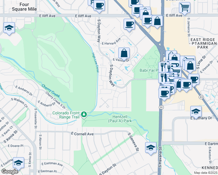 map of restaurants, bars, coffee shops, grocery stores, and more near 2685 South Dayton Way in Denver