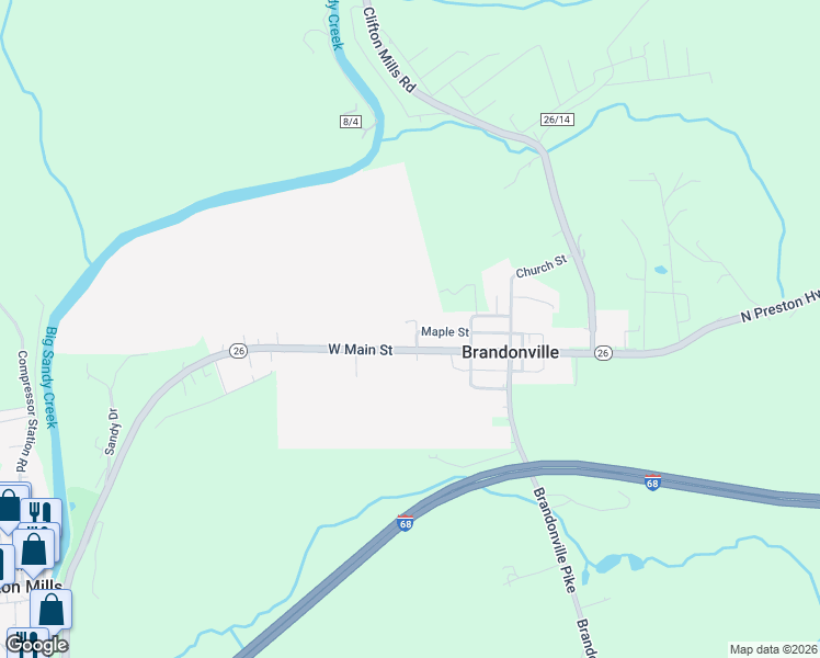 map of restaurants, bars, coffee shops, grocery stores, and more near 208 Main St in Bruceton Mills
