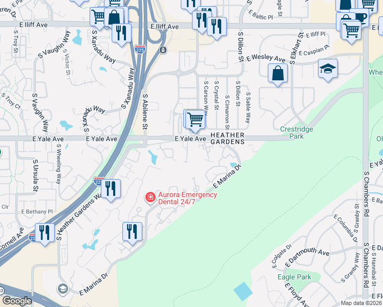 map of restaurants, bars, coffee shops, grocery stores, and more near 14050 East Linvale Place in Aurora