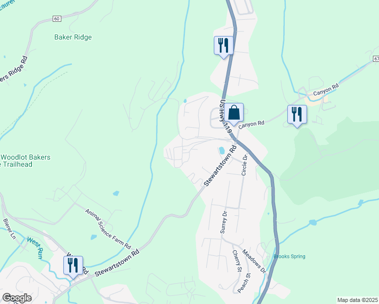 map of restaurants, bars, coffee shops, grocery stores, and more near 1021 Pinnacle Height Drive in Morgantown