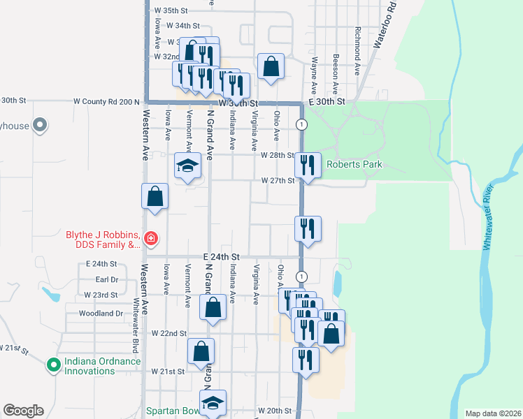map of restaurants, bars, coffee shops, grocery stores, and more near 208 West 25th Street in Connersville