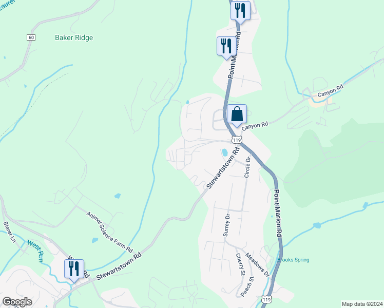 map of restaurants, bars, coffee shops, grocery stores, and more near Pinnacle Height Drive in Morgantown