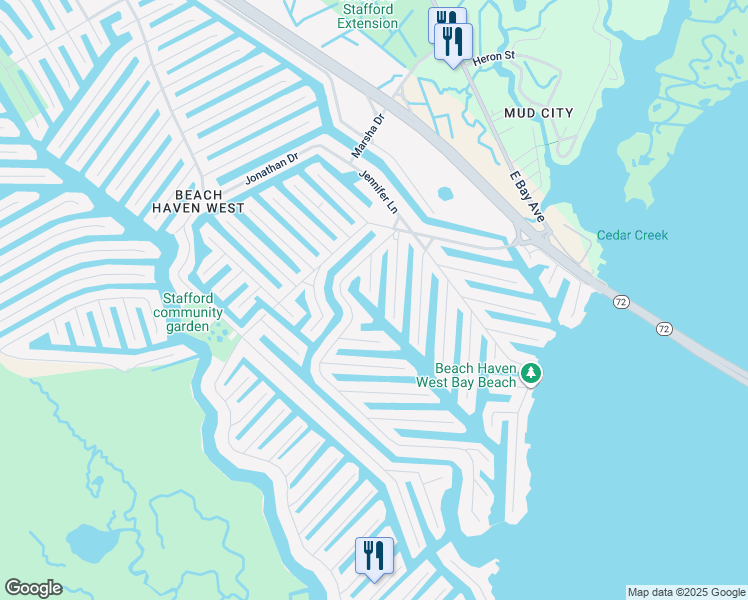 map of restaurants, bars, coffee shops, grocery stores, and more near 40 Robert Drive in Stafford Township