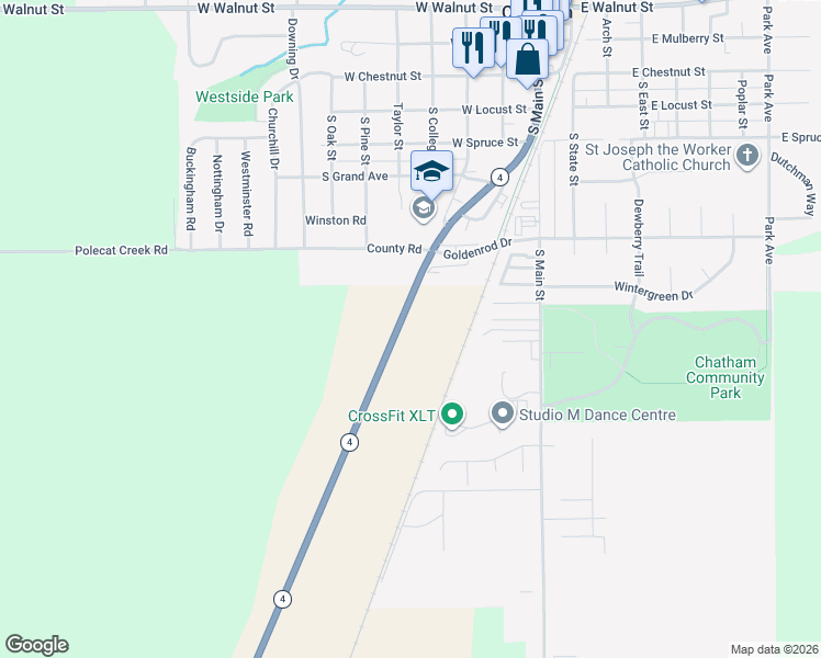 map of restaurants, bars, coffee shops, grocery stores, and more near 9500 Illinois 4 in Chatham
