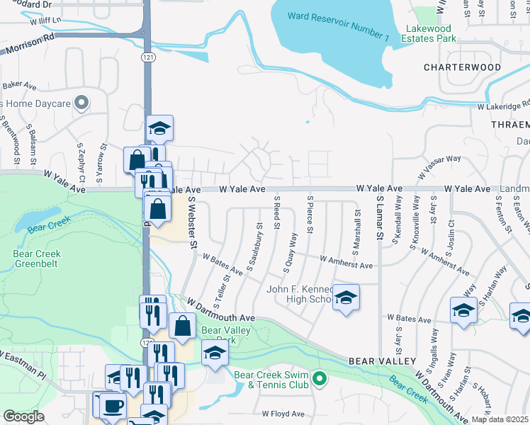 map of restaurants, bars, coffee shops, grocery stores, and more near 2753 South Saulsbury Street in Denver