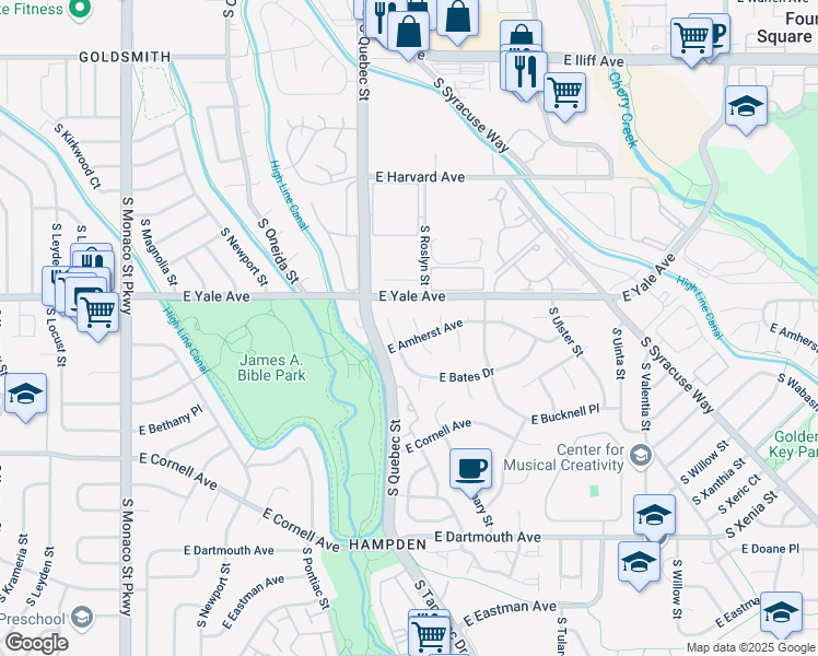 map of restaurants, bars, coffee shops, grocery stores, and more near 7535 East Amherst Avenue in Denver
