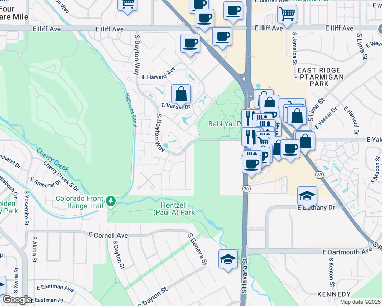 map of restaurants, bars, coffee shops, grocery stores, and more near 10000 East Yale Avenue in Denver