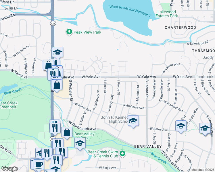 map of restaurants, bars, coffee shops, grocery stores, and more near 2750 South Reed Street in Denver