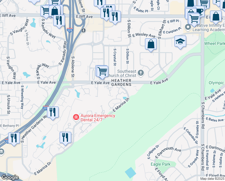 map of restaurants, bars, coffee shops, grocery stores, and more near 14239 East Marina Drive in Aurora