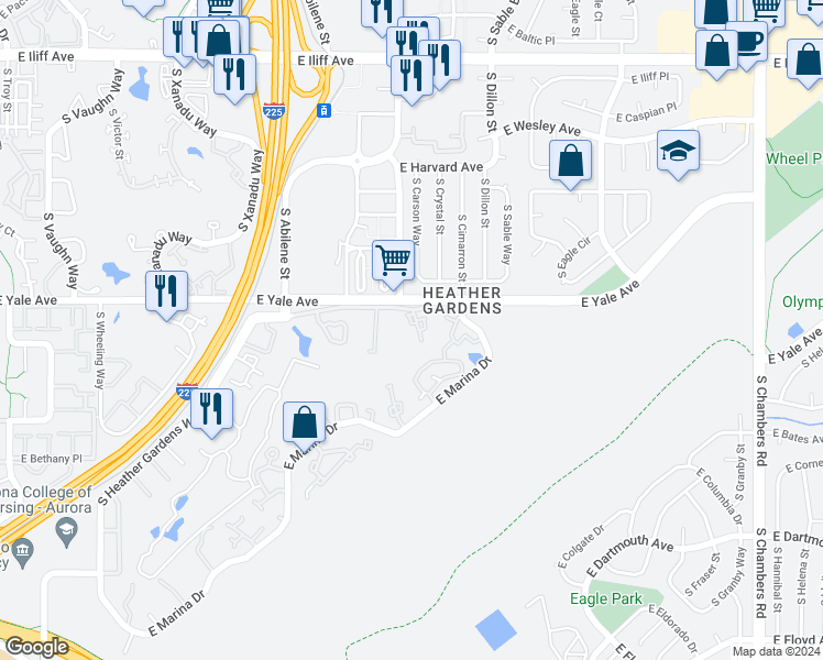 map of restaurants, bars, coffee shops, grocery stores, and more near 14239 East Marina Drive in Aurora