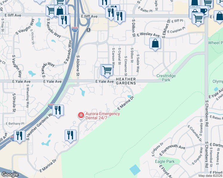 map of restaurants, bars, coffee shops, grocery stores, and more near 14239 East Marina Drive in Aurora