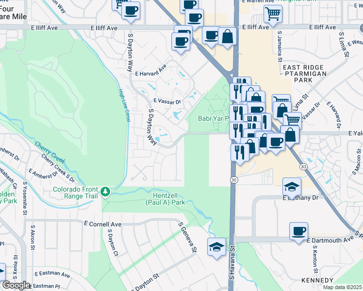 map of restaurants, bars, coffee shops, grocery stores, and more near 10000 East Yale Avenue in Denver