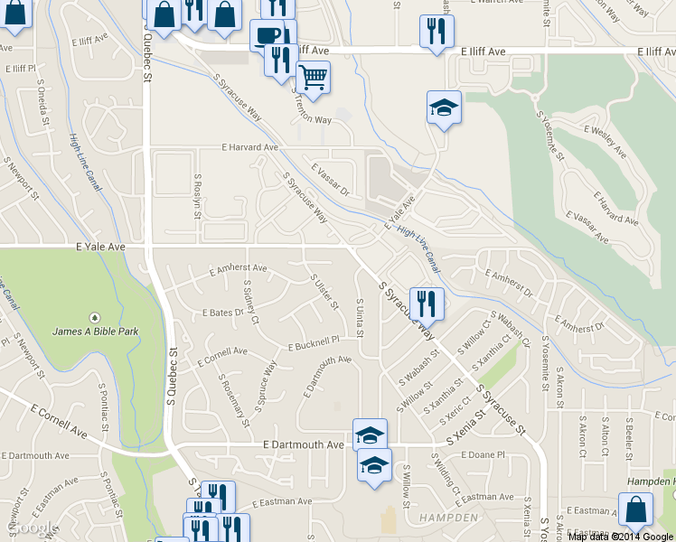 map of restaurants, bars, coffee shops, grocery stores, and more near 2920 South Ulster Street in Denver