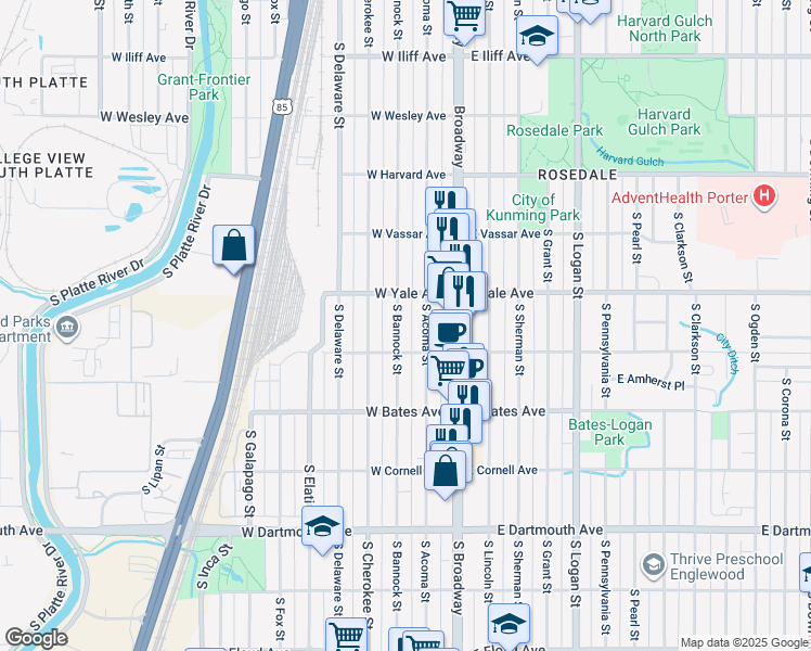 map of restaurants, bars, coffee shops, grocery stores, and more near 125 West Amherst Avenue in Englewood