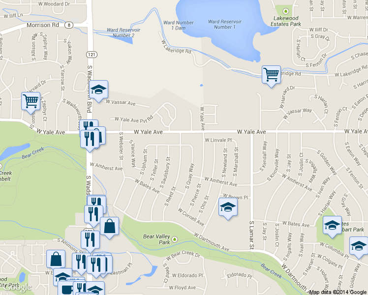 map of restaurants, bars, coffee shops, grocery stores, and more near 2750 South Reed Street in Denver