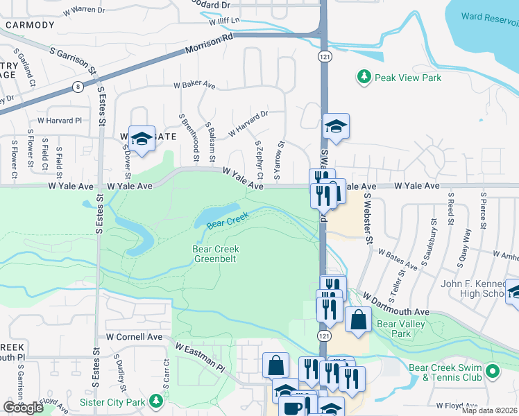 map of restaurants, bars, coffee shops, grocery stores, and more near 9000 West Floyd Avenue in Lakewood