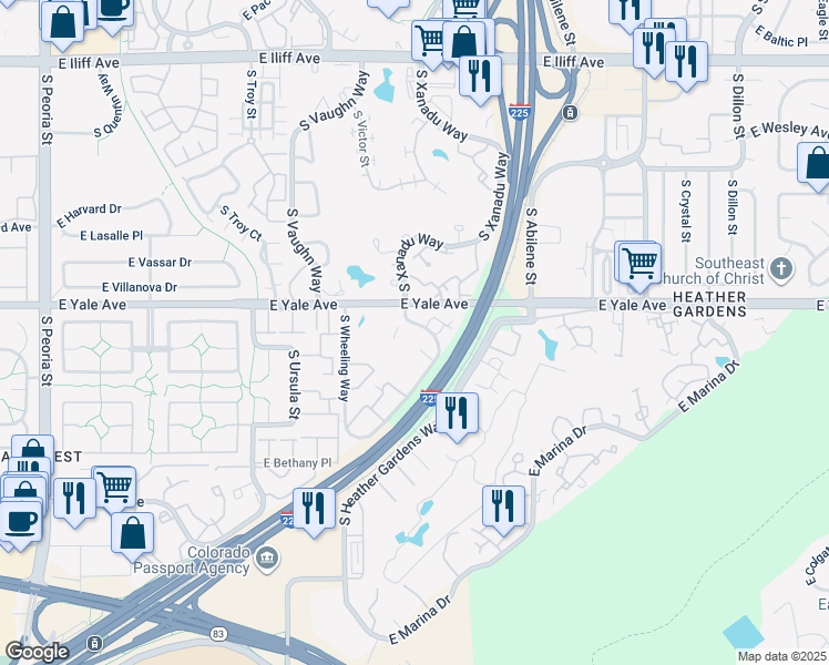 map of restaurants, bars, coffee shops, grocery stores, and more near 2735 South Xanadu Way in Aurora
