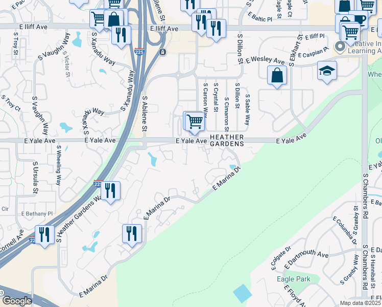 map of restaurants, bars, coffee shops, grocery stores, and more near 14050 East Linvale Place in Aurora