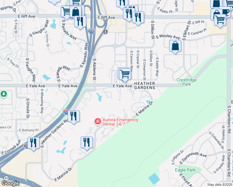 map of restaurants, bars, coffee shops, grocery stores, and more near 13902 East Linvale Place in Aurora